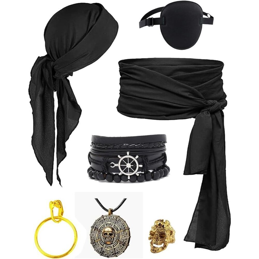 Pirate Costume Accessories Set for Men Women 6 Pcs Headscarf Sash Jewelry
